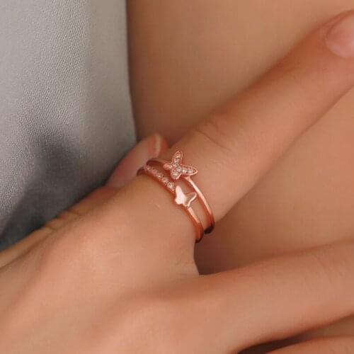 Double-Layer Butterfly Animal Adjustable Rhinestone Copper Rose Gold Silver Plated Open Rings for Women