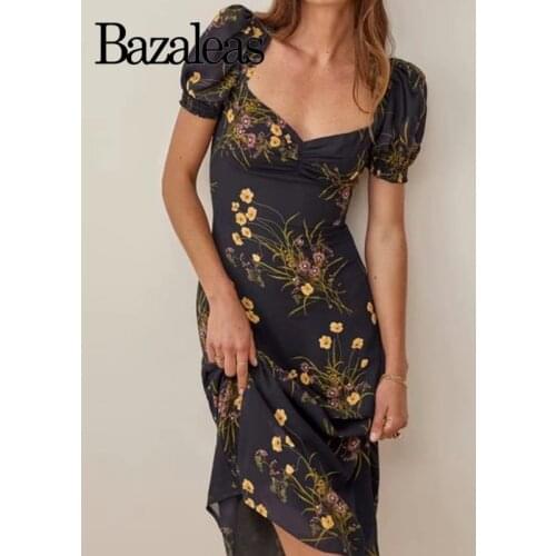 Bazaleas Elegant Floral Print Back Bandage Tie Vestidos Vintage Chiffon Midi Dresses Retro Summer Dress