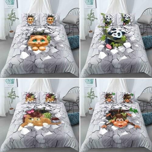 3D Wall Animal Cat Panda Duvet Cover Set Pillowcase Cartoon Luxury Bedding Sets Bed Linen 2/3pcs Single King Size Home Textile