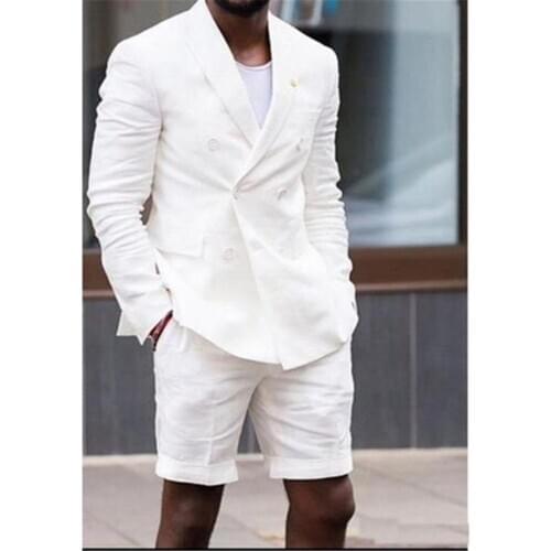 Summer Beach White Linen Groom Tuxedos Mens Wedding Suits Wedding Prom Costume Homme Double Breasted Dance Best Man Blazer 2 Pcs