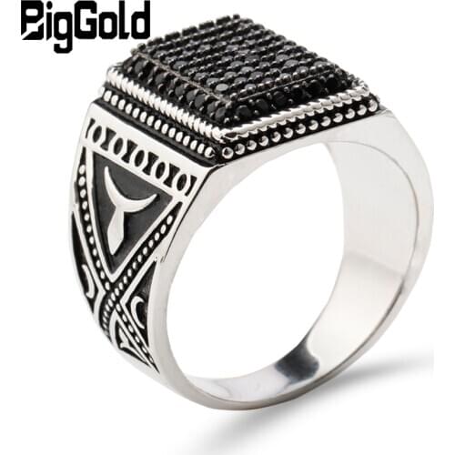 925 Sterling Silver Men Ring Signet Vintage Rilver Rings for Men Black Stone Zircon Antique Rings Men Fine jewelry