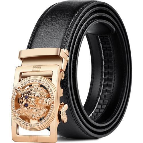 New Genuine Leather Men Rachet Dress Belt For Men Luxury Wolf Automatic Buckle Black Male Belts Real Leather Strap Business