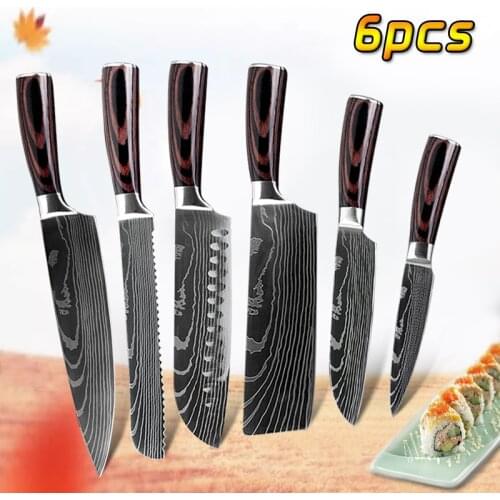 6pcs Damascus Pattern Utility Knives Set Sharp Chef Chopping Boning Cleaver Kitchen Knives Non-slip Handle