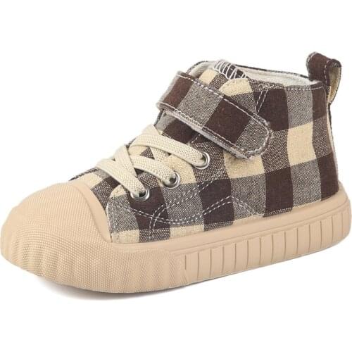 2021 New Fashion Little Kids Boys And Girls Gingham High Top Canvas Shoes Toddler Baby Walking Shoes Size 22-31