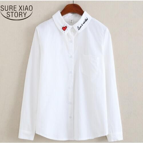 New 2021 Spring White Shirt Long Sleeve Shirt Women Bottoming Love Embroidered Blouse Cotton Women Blouse Ladies Tops 5598