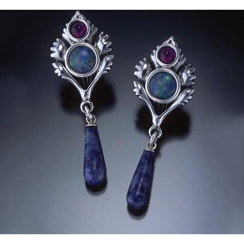 New Luxury Scepter Drop Earrings Charming Fire Opal Red Beads Deep Blue Teardrop Stone Earrings for Women Girl Jewelry