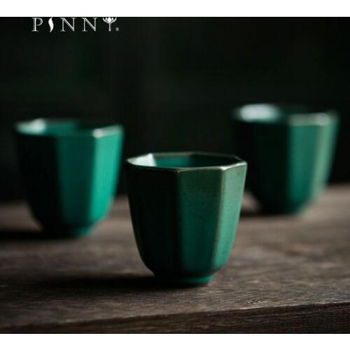 PINNY Vintage Japanese Style Coarse Pottery Octagon Teacup Ceramic Kung Fu Tea Cups Pigmented Tea Bowl Drinkware