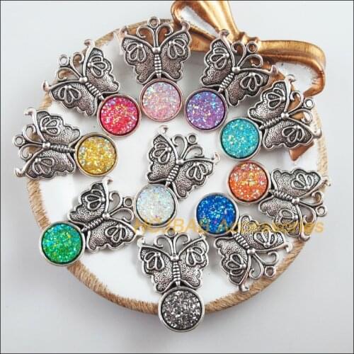 10 New Butterfly Charms Tibetan Silver Tone Retro Mixed Round Resin Pendants 23x34mm