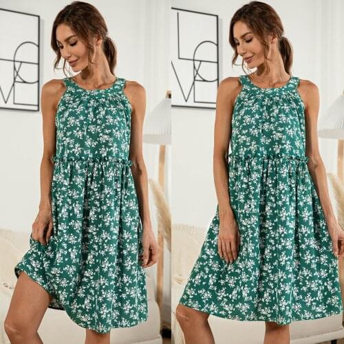 Robe Femme Summer Dress Women Flower Print A-Line Dresses Ruffles Stitching O-Neck Sleeveless Dress For Woman Vestido De Mujer