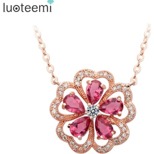 LUOTEEMI Women Luxury Teardrop AAA Cubic Zirconia Flower Pendant Necklace for Sexy Lady Dress Jewelry Accessories Top Quality