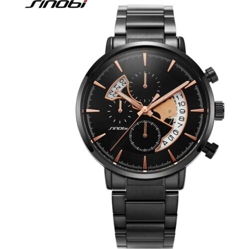 SINOBI New Fashion Mens Watches Stainelss Steel Top Luxury Brand Business Chrongraph Luminous Quartz Watch Relogio Masculino