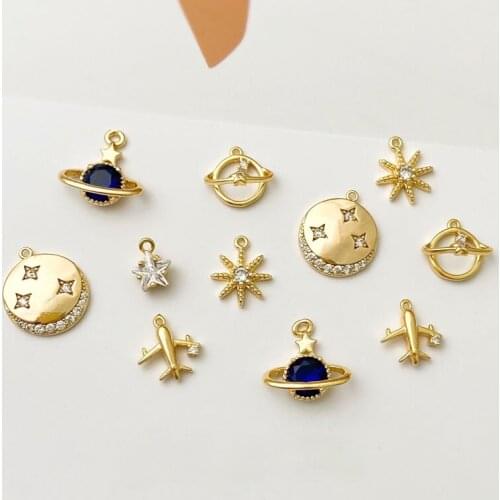 18K gold bag planet galaxy theme jewelry material airplane star moon round pendant diy necklace bracelet accessory