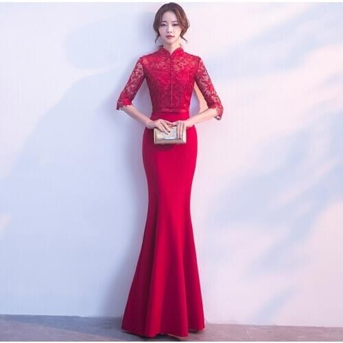 Bride Traditional Chinese Dress Modern Cheongsam Oriental Bridesmaid Dresses Wine Red Mermaid Wedding Qipao Vestidos Orientais