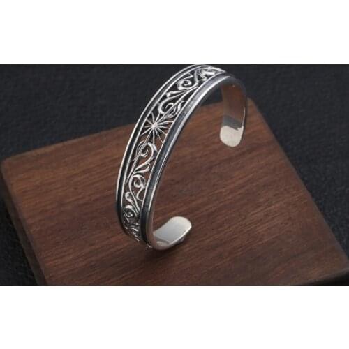Solid 925 sterling Silver men women sun hollow cuff bracelet bangle A4828