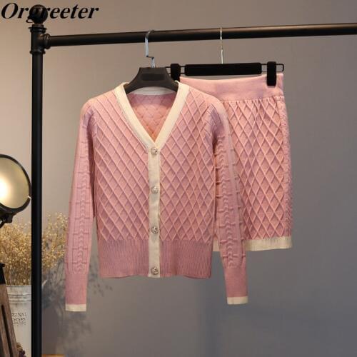 High Quality Knitted Cross plaid Coat and Skirt 2 Piece Sets Women Elegant Gold Button V-neck Cardigan + Mini Skirt Suits