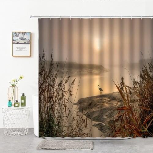 Birds And Plants By The River In The Sunset Shower Curtains Fabric Polyester Bathroom Curtain With 12 Hooks Home Decor Supplies