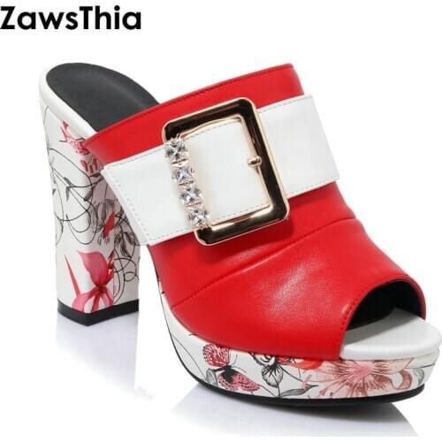 ZawsThia 2020 summer ladies block high heels slides slippers woman PU leather crystal buckle platform mules pumps for women