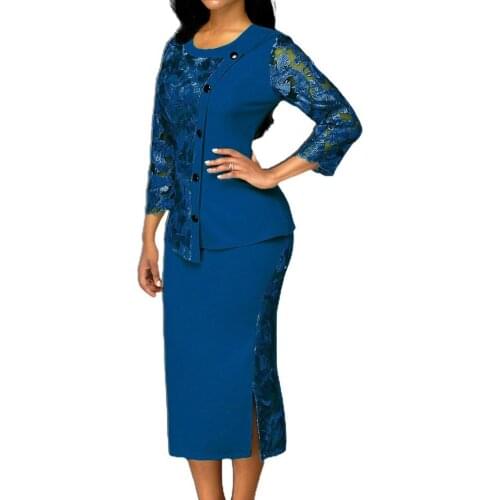 Blouse Women Lace Hollow Out Long Sleeve Blouse Top Split Bodycon Skirt Office Outfit