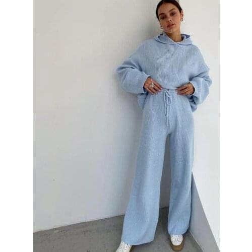 2 Two Piece Womens Sets Pullover Hooded Tops And Wide Leg Pants Suit Spring Fashion New Knitted Ribbed Tracksuit Loungewear Set