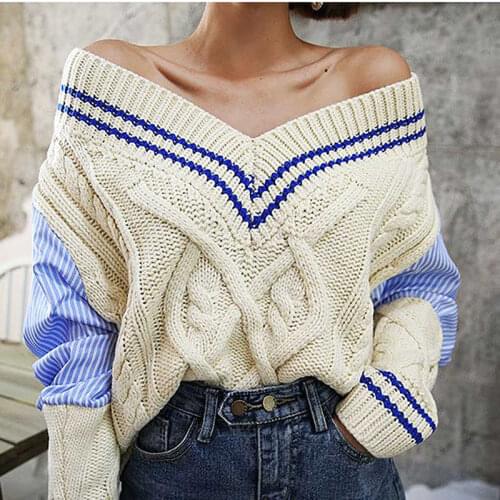Women Sweaters Korean Style Twist V-neck Striped Patchwork Knitted Off Shoulder Streetwear Female Autumn Pulovers Tops