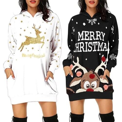 Womens Autumn Winter Sweatshirt Dress Fashion Christmas Hoodie Bag Hip Pocket Print Hoodie Fashion Dress New