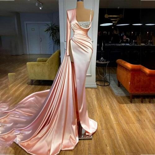 Gorgeous Pink Mermaid Evening Dresses with High Split Crystal Women Prom Gowns Party Wear Formal Celebrity Dress