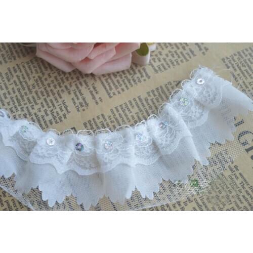 Free shipping 3Yards/lot Pure white sequins lace accessories multi-layer folds organ lace dress skirt lace width 5cm SC629