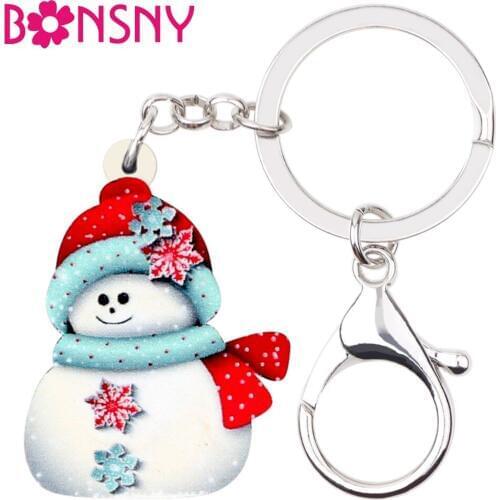 Bonsny Acrylic Christmas Cute Snowflake Snowman Key Chain Keychain Ring Gift Xmas Navidad Jewelry Women Girls Teens Bijoux Charm