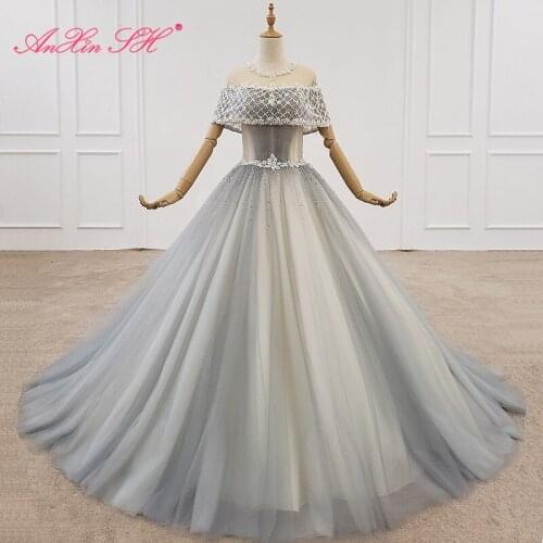 AnXin SH Luxury princess white pearls blue lace beading illusion o neck sparkly grey blue wedding dress 100% real photos