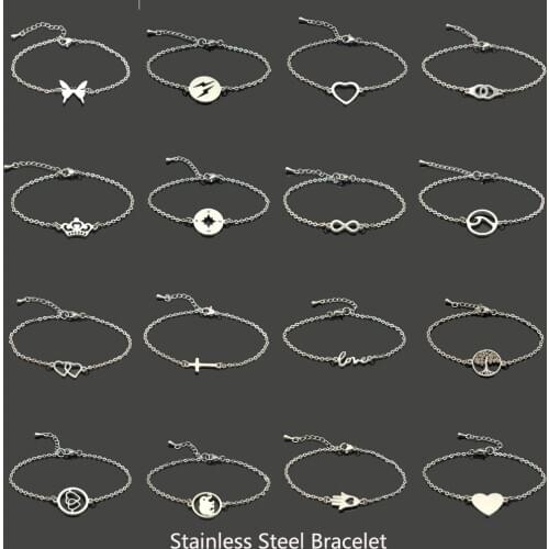 Hot Stainless Steel Chain Bracelet for Women Men Heart Cross Butterfly Elephant Pendant Bangles Party Jewelry Accessories Gifts