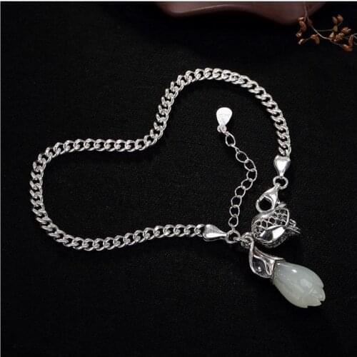 Natural Hetian Magnolia Flower Hollow Pendant Bracelet Chinese Style Retro Light Luxury Charm Womens Silver Jewelry