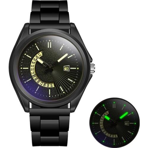 Fashion Men Watch Black Stainless Steel Strap Luminous Quartz Watches for Men Large Dial Frosted Hollow Out Calendar Male Clock