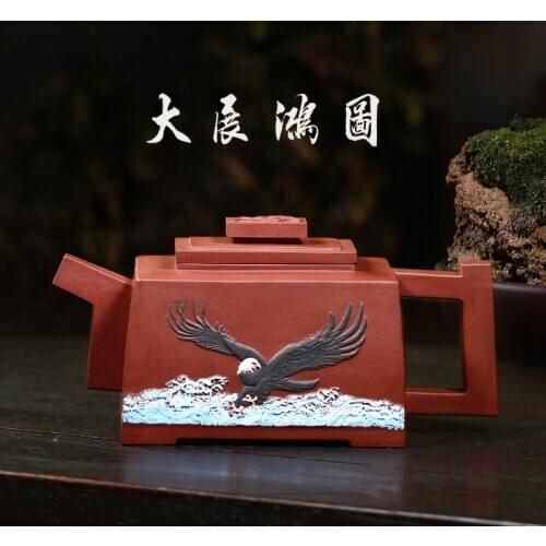 Clay teapot Yixing famous family hand carved bottom trough green teapot heap painted square large capacity tea set