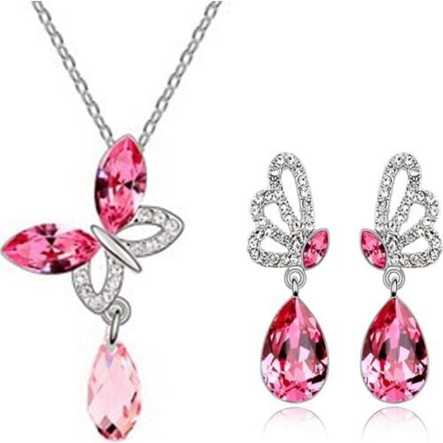 Cheap silver plated butterfly crystal jewelry set bijouterie