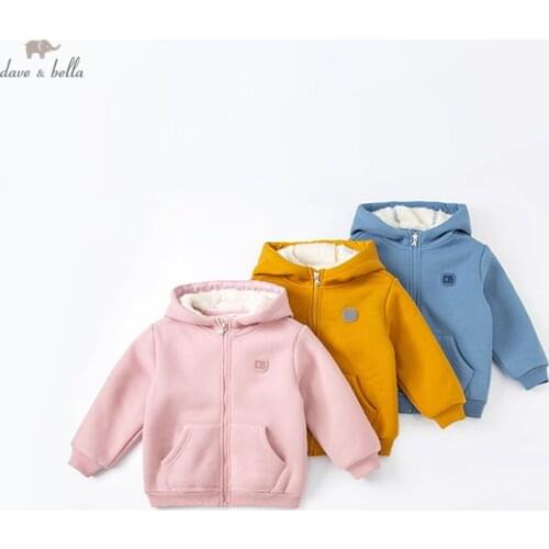 DKH19427 dave bella winter kids unisex fashion jacket soild button pockets hooded coat children high quality outerwearar