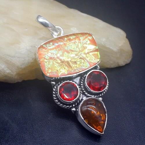 Gemstonefactory Jewelry Big Promotion Single Unique 925 Silver Vintage Dichroic Glass Garnet Amber Lady Women Necklace Pendant