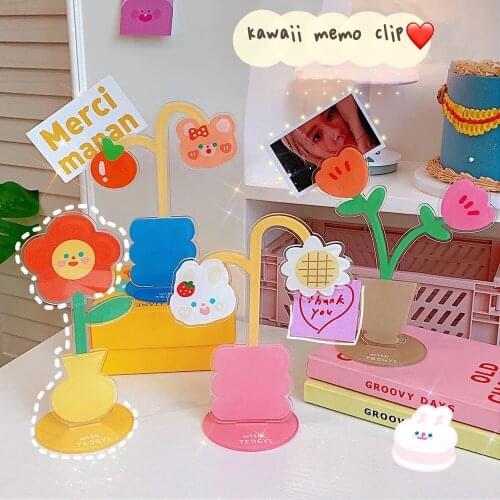 Kawaii Acrylic Multifunction Memo Clip Cartoon Flower Bear Photo Holder Desktop Decoration School Office Stationery