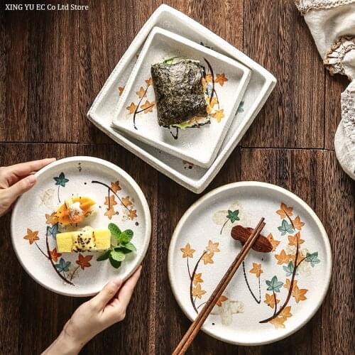 Creative Ceramic Plate Japanese Household Simple Flat Plate Household Tableware Snack Plate Plant Flower Restaurant Supplies