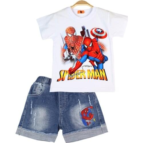 Disney Boys Outfits Cartoon Summer Cotton Kids T-shirt&Denim Shorts Clothing Set Children Suit Clothes Avengers Spiderman