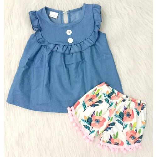Toddler girl summer outfit denim top with white button and matching flowers shorts girl 2 pieces set kids boutique outfit