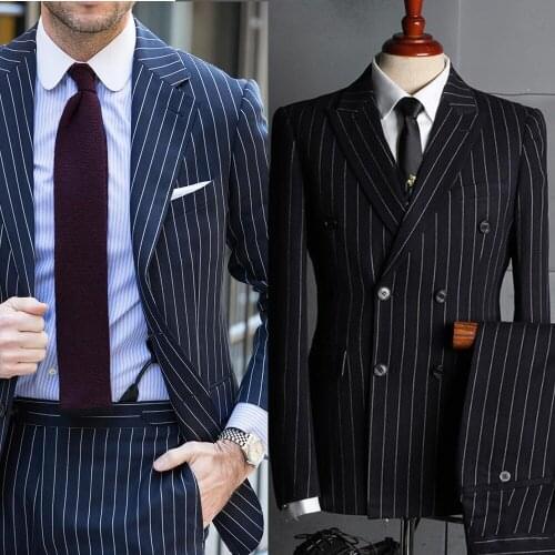 Jacket+Pants) Gentleman Pinstripe Black 2 Piece Groom Tuexdos For Wedding Formal Prom Suit Party Evening Blazer Custom Made