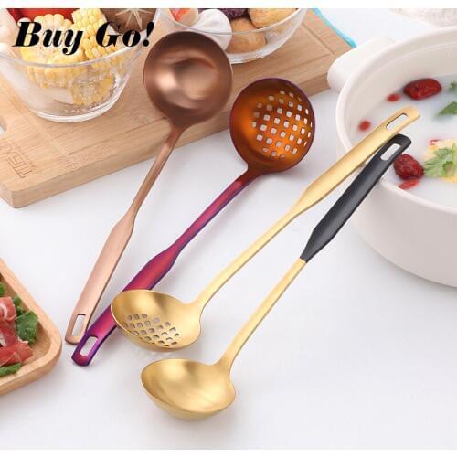 New Color Stainless Steel Cooking Tool Set Matt Rose Gold Long Handle Soup Ladle & Colander Spoon Set Wall Hanging Kitchen Tools
