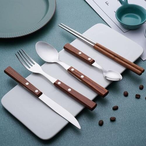4psc/2psc Wooden Handle Cutlery Set Stainless Steel Dinnerware Set Knife Fork Spoon Silverwaretableware Set Kitchen Flatware