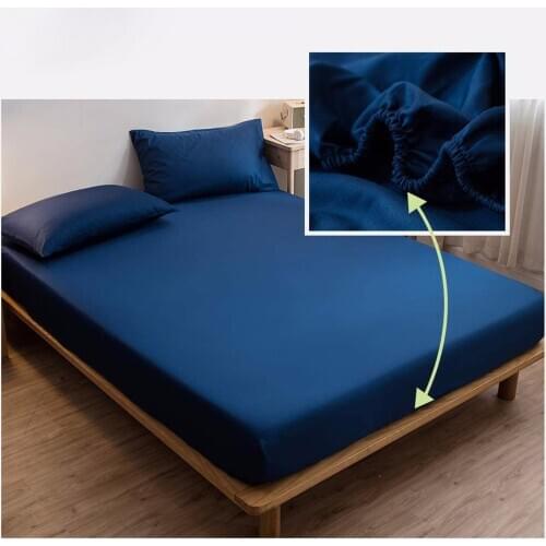 Fitted Sheet Mattress Cover With Elastic Band Bed Sheet Solid Color Bedding Linens Quick Drying Sheets Navy Blue Bedsheet