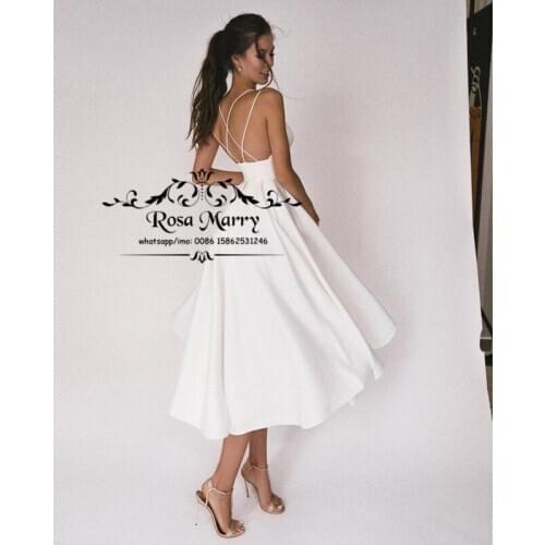 Modest Plus Size Cheap Beach Wedding Dresses 2021 A Line Tea Length Simple Satin Boho Greek Style robes de mariée Bridal Gowns