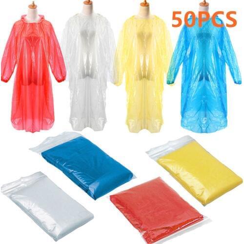 50pcs Disposable Raincoat Transparent Emergency Protection Poncho Rain Coat Hood Poncho Hooded Outdoor Accessories Hiking Cover