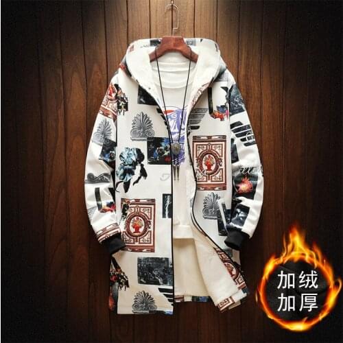 Autumn/Winter Hip Hop Mens Fleece-Lined Thick Windbreaker Man Printed Casual Jacket Mid-length Trench Coat Male 2 Colors M-5XL