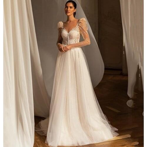 Trouwjurk Ivory Long Sleeve Wedding Dresses V Neck Buttons A Line Bride Dress Dotted Tulle Beach Vintage Wedding Gowns Cheap