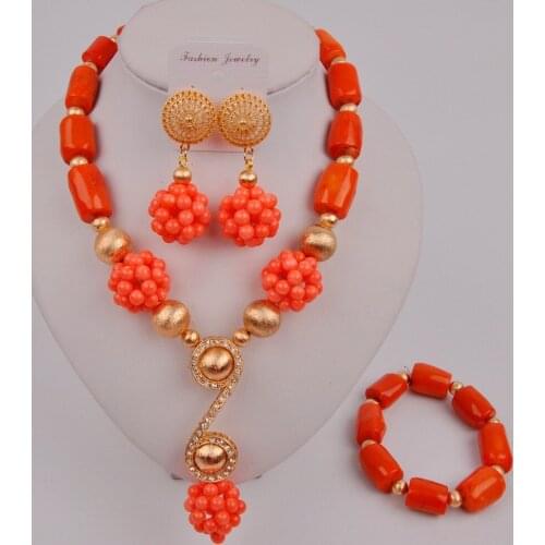 Latest Orange Drum and Pink Ball Coral Necklace Jewelry Set Nigerian Wedding African Coral Beads Jewelry Set12-H-02
