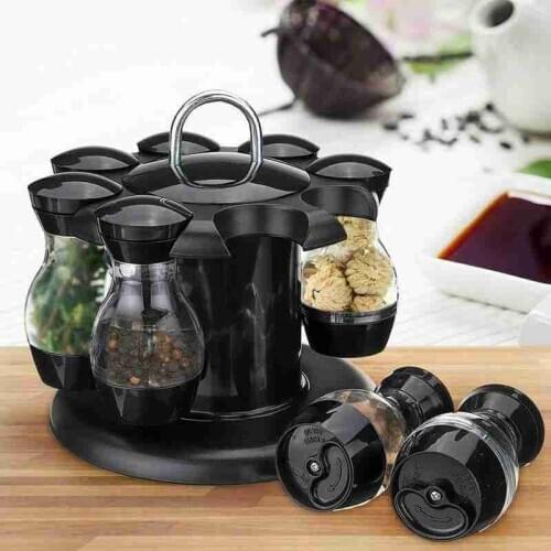 Rotating Cruet Condiment Seasoning Jars Set for Spices Pepper Sprays Bottles Salt Shakers Holder Kitchen Storage Rack Organizer